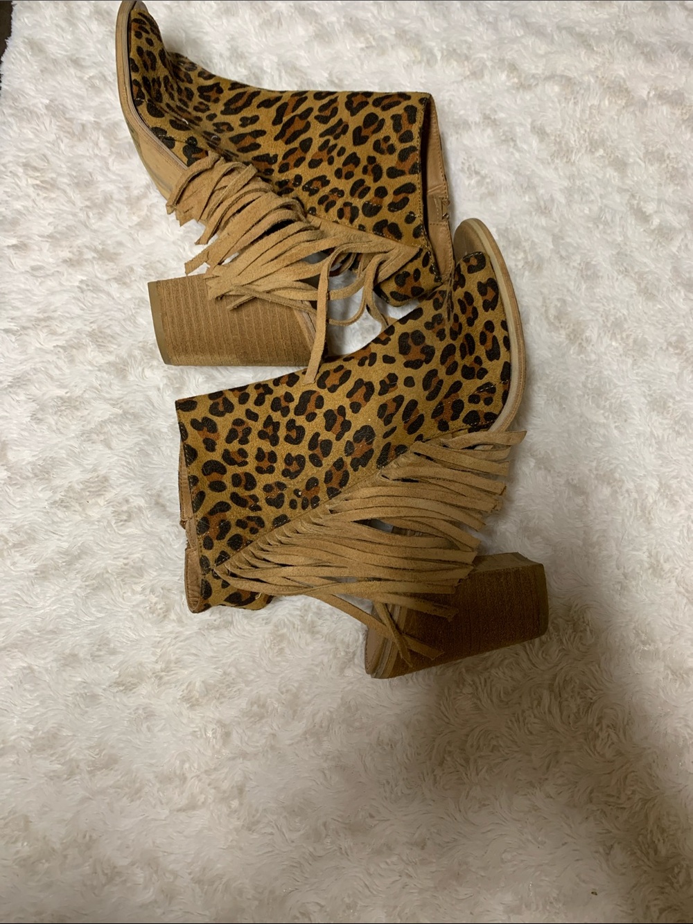 Very Volatile Leopard Print Fringe Ankle Booties - Tan